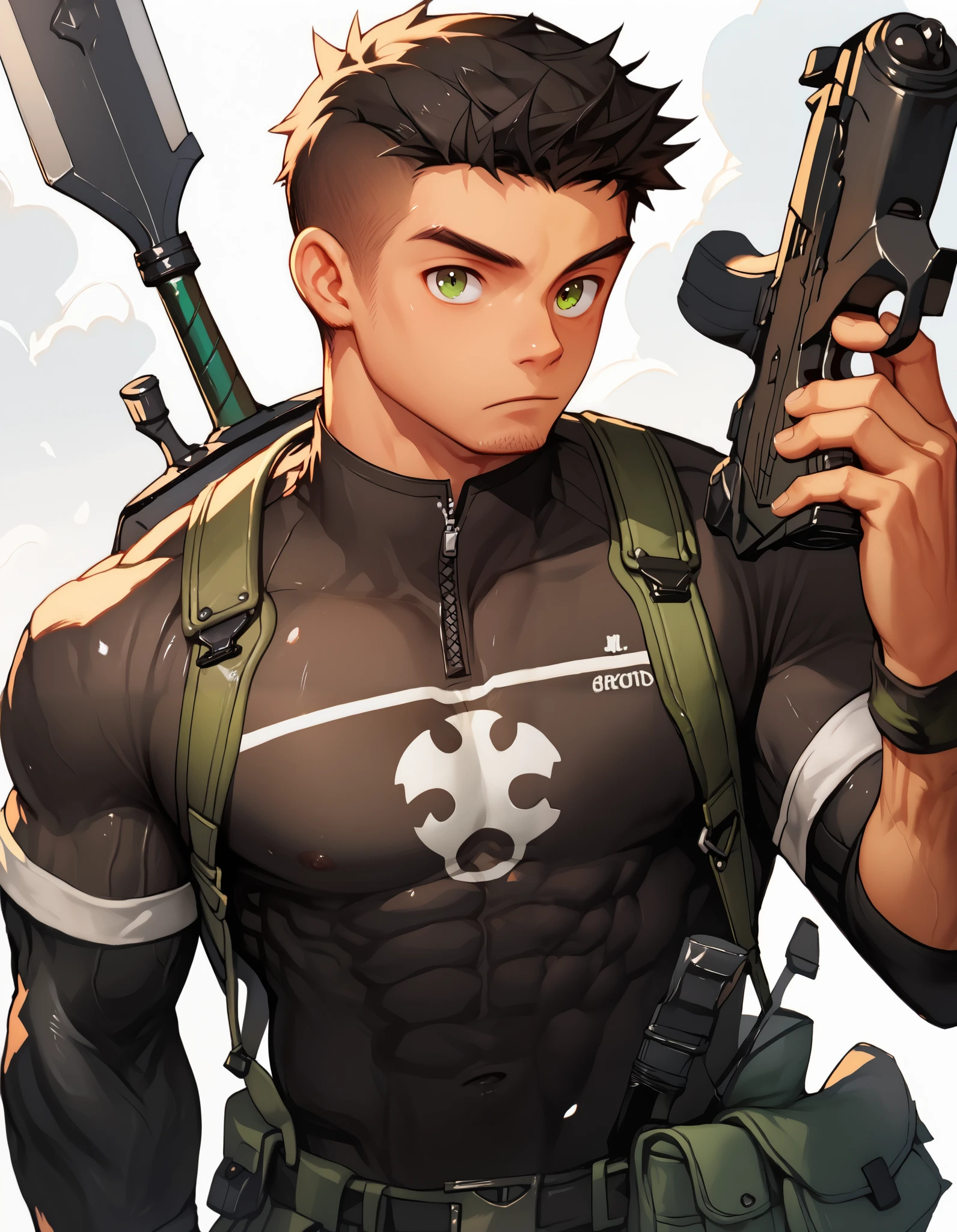 skor_9, skor_8_up, skor_7_up, solo, handsome, male, muscle, manly, muscular man, age 20 , short hair, black hair, crew cut, green eyes, big chest, gray kimono, pattern, tactical vest, holding gun, holding swords, looking at viewers, pet black panther
