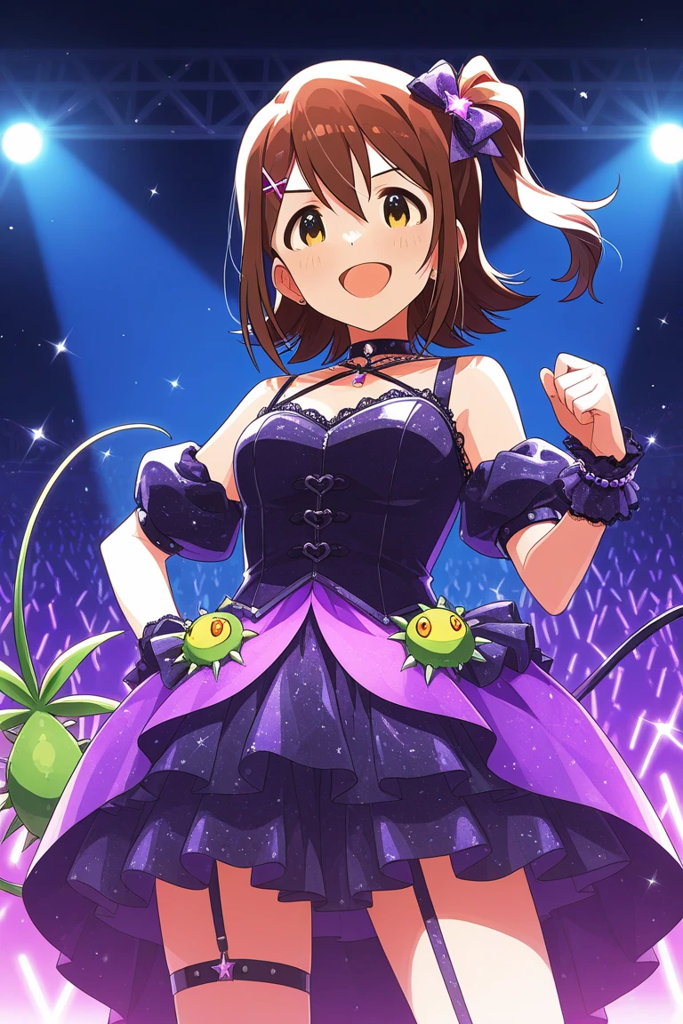 (Perfect body),Best Quality, K,((Lori))、((blush)),((Short hair)), (((Orange Eyes))),(thick thight),((((Pink hair)))),Standing,Sweat,flabbergasted,(((small tits))),Big ass,cowboys_shots,((((Wavy Hair)))),Ahoge,hair clips,(((Yellow sleeveless_frilld_jaket))),(((Pink ruffled mini skirt))),(((Light blue striped panties))),(white knee-socks),((Pink and white gloves)),(((((Panchira))))),Big ass,flat chest、(thick thighs)、blush、is standing,((( short in stature))),((((Smile)))),((((headset on head))),((Nekomimi))、(((Left arm up))),((Singing)),((((Dynamic Pose)))),(((((Idol))))),(((((1girl in))))),(((pink bowtie)))、((Armpit))、((((Jumping)))),From below,Spread legs,