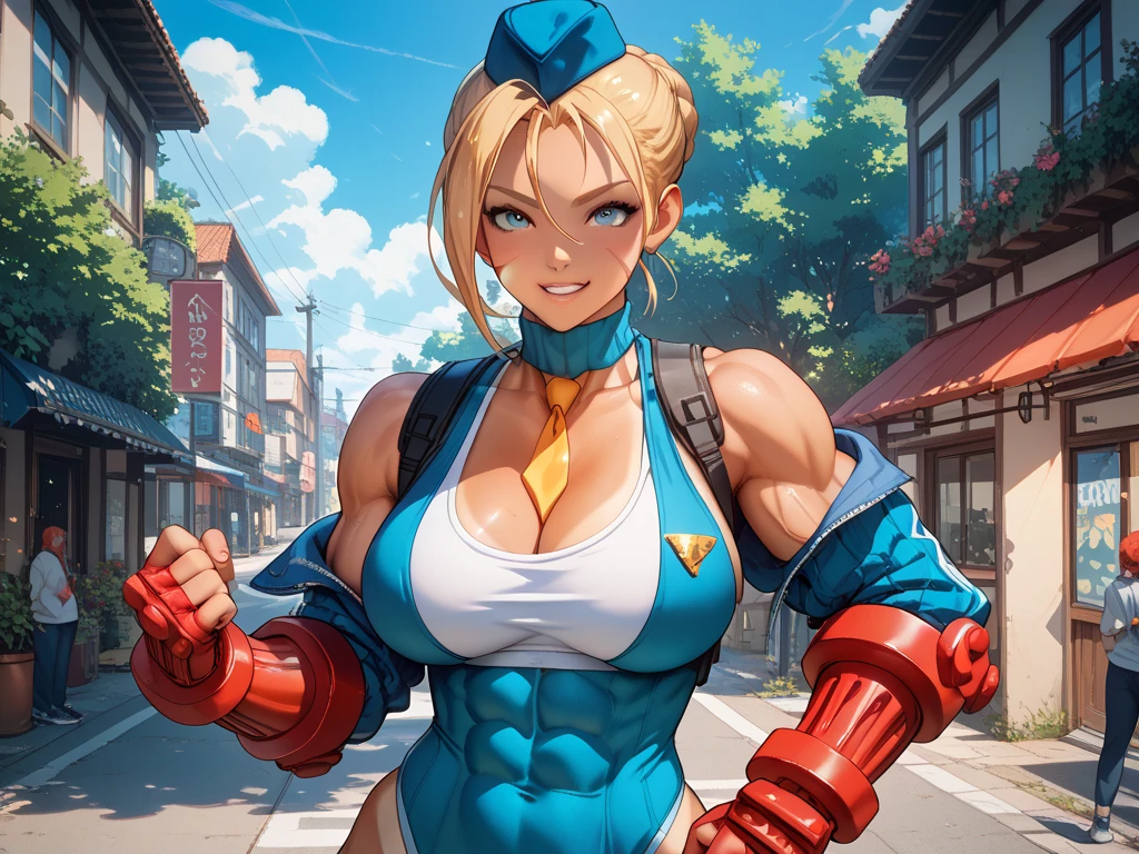 score_9, score_8_up, score_7_up, score_6_up, source_anime, BREAK 1girl, solo,altTiffany, blonde hair, bandana, blue jacket, long sleeves, striped shorts, cleavage cutout, boxing gloves, red boots, thigh boots, huge breasts, from side, looking at you, grin, sitting, city, blue sky, clouds