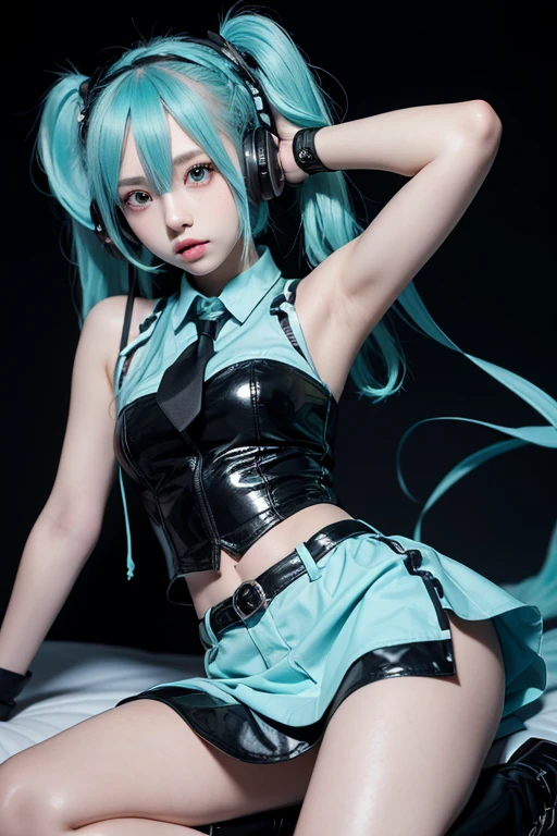 highest quality, masterpiece, Realistic, photoRealistic, One girl, alone, Cowboy Shot, Hatsune Miku Cosplay costume, Hatsune Miku, Cosplay, Aqua Hair, Twin tails, Very long hair, hair ornaments, Headphones, headset, shirt, skirt, pleated skirt, tie, aqua tie, Removable sleeves, tattoo, Gray background, On all fours、Ass