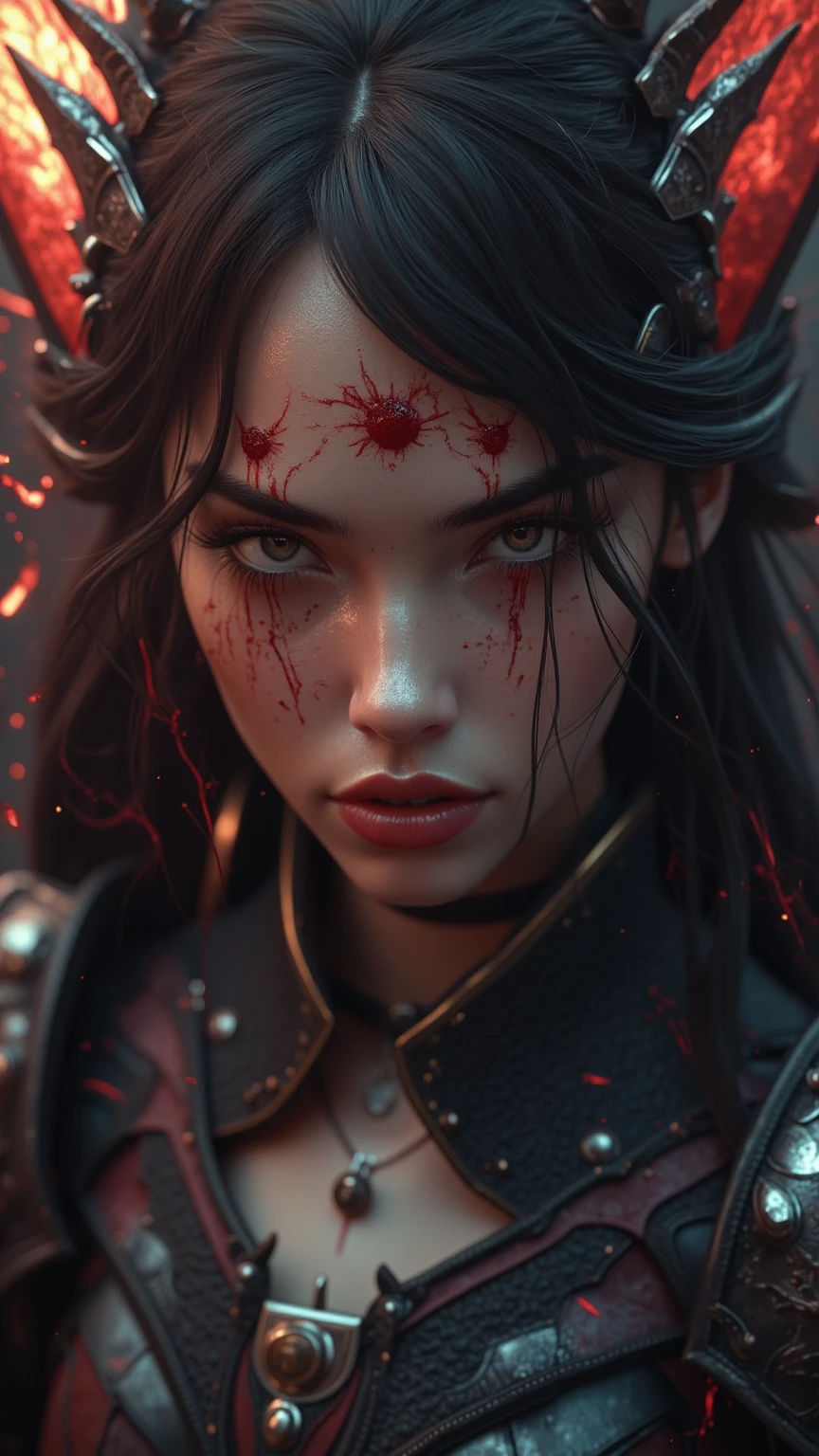 (best qualityer, work of art), 1 powerful wizard girl, girl covered in blood on a battlefield, fighter, darkness, armor black, Youngh, (shiver:0.7), beautiful face, (eyeliner, lipstick:0.9), 4K, 8k, ultra HD, HDR