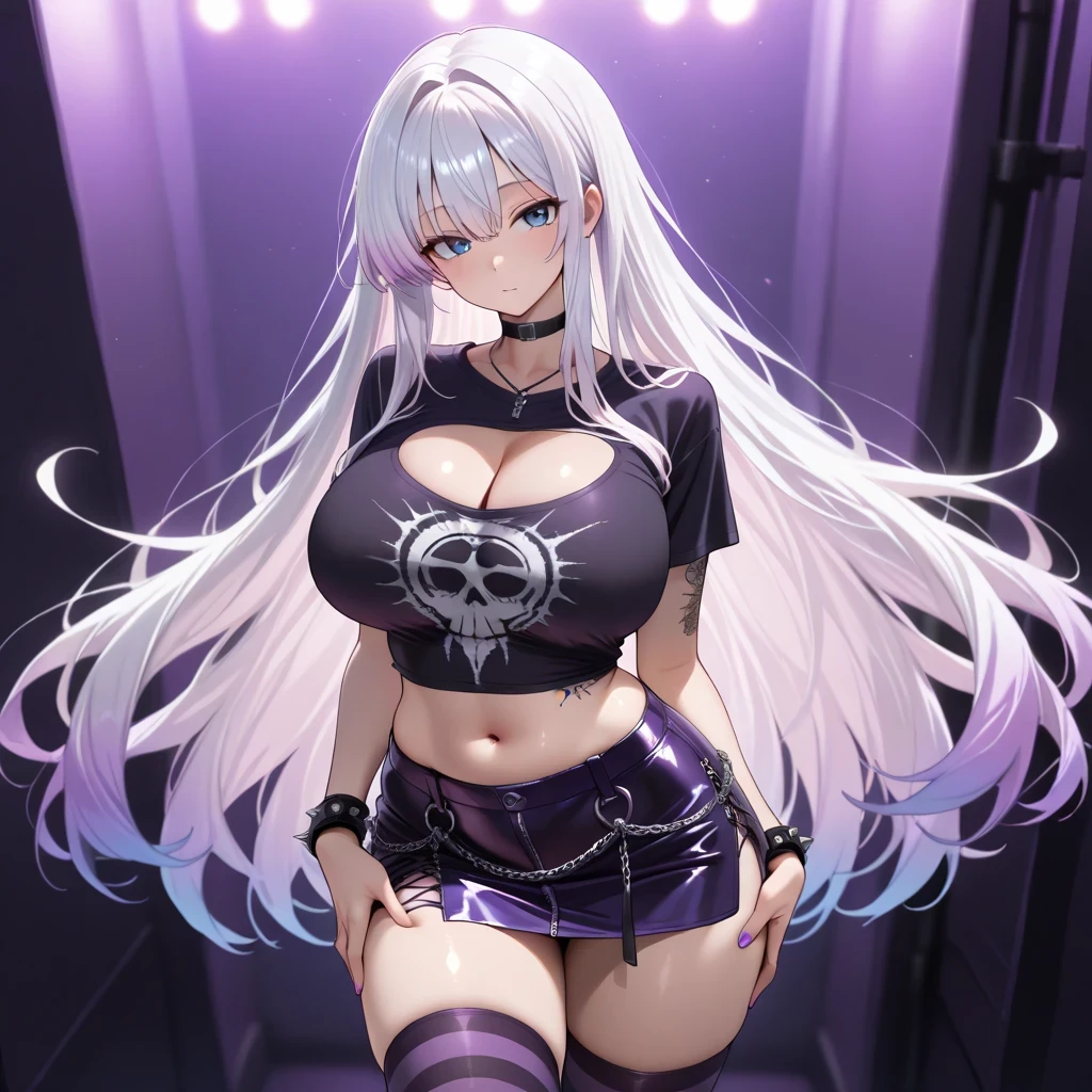 masterpiece, best quality, cowboy shot, 1girl, large breasts, black lips, white hair, long hair, off shoulder jacket, showing breasts, exotic black bra, neck strap, showing navel, black mini skirt, black boots, abs, chains,
<lora:Gun2HeadV4:1.2>, fg2h, fingergun,
<lora:punk_v0.2:0.55>, punk,
<lora:Crazy_ExpressionsV2:0.35>, crazy face, crazy eyes, (crazy smile:1.2),
squat, spread legs, concert stage, focus light, surrounded by people,