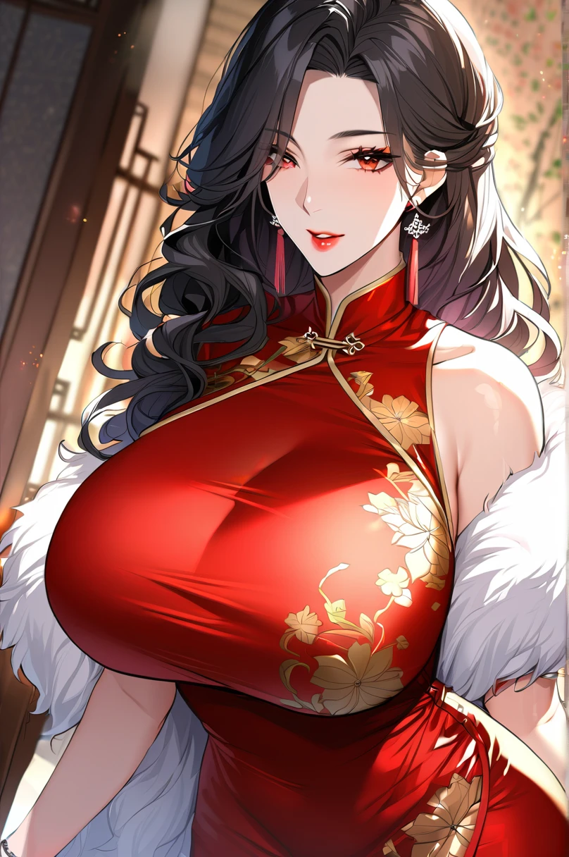 1 Woman, mature, High (1.85 cm), looks about 35 years old, has long black hair, straight and shiny, tied in the Chinese Taoist style, majestic black eyes, Extremely detailed eyes, perfect eyes, đôi mắt cực kỳ thực tế, balanced eyes, Long eyelashes, Anime style, perfect face, milf face, full red lips, mature, smooth white skin, natural body, sexy body, milf body, Perfect hands, detailed hands, arms in proportion to the body, đôi tay thực tế, arm with good anatomy, She was wearing only a red Chinese style dress decorated with gold and silver with phoenix motifs woven into the dress but still could not hide her extremely large and gigantic breasts., very big breasts, four hands can lift,breasts sag due to their size, thick thighs, wide hips, look at the viewer, The background is a Chinese-style pavilion., pose alone, look at the viewer.