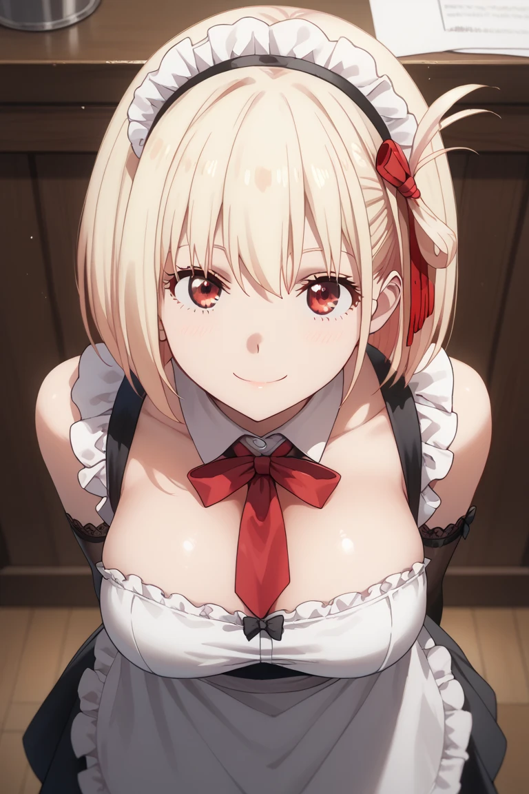 , chisatonishikigi, nishikigi chisato, short hair, bangs, blonde hair, (red eyes:1.5), hair ribbon, one side up, bob cut, BREAK shirt, long sleeves, dress, ribbon, white shirt, collared shirt, belt, neck ribbon, red dress, blue ribbon, pleated dress, grey dress, two-tone dress, red belt, lycoris uniform, Nsfw,(((1girl,1boy,fellatio))),Looking at viewers ,smile,masterpiece ,8k unity wallpaper,anime key visual,highest quality, High resolution, unity 8k wallpaper, (shape:0.8), highly detailed face,highly detailed eye,glowing eyes , shiny skin,fine skin,white skin,dense skin,detailed hair,highly detailed legs,perfect lighting, Detailed CG, (perfect hands, perfect anatomy),High resolution,anime key visual,Kyoto Animation,(Detailed wear ),slender limbs, delicate curves, dainty hands, tiny feet,figure:0.8, , white shirt, short sleeines, flat chest, blue skirt, suspenders, star (symbol), bracelet, green bracelet, pink Backpack(((,realistic white lace panties ))),