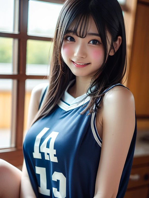 (8K、Raw photography、top-quality、masterpiece:1.2),(Open your legs wide),(A dark-haired、poneyTail、Curly hair:1.5),watching at viewers,Looking at the front,Erotic,de pele branca,(brightly colored plug suit:1.7)、(Clothing that emphasizes the shape of your chest、exposing the skin:1.5)、(Colossal tits:1.3)、absurderes,、超A high resolution,,ren,Beautiful fece,(One Person, 独奏、without background:1.6),fullllbody,hi-school girl,A Japanese Lady,is standing,(Photorealsitic:1.37)、Photon mapping,Realistic、(Cute little face: 1.8)、(Cute smile: 1.7)、(with round face: 1.8)、Radio City、Physically Based Rendering、Foreground、depth of field rally background、a picture,beauty legs, (Knees are visible,Thigh close-up:1.4),full body Esbian、Nogizaka Idol, Japanese ido、Colossal titsle body esbian、super definition、Sit on a desk and spread your legs