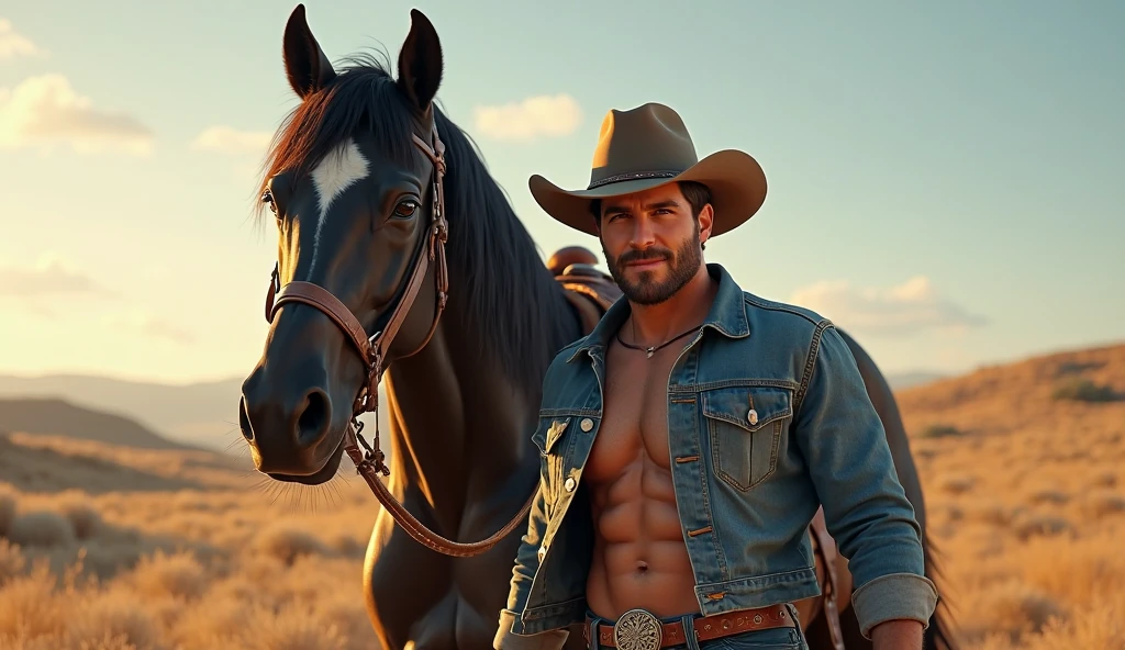 Very young brunette boy in a cowboy hat holding a horse in a field, Vaquero mexicano, cowboy retrato masculino, retrato do cowboy sem camisa, bonito impressionante realista, guy with horse head, 🐎🍑, inspired by the Brothers Hildebrandt, Directed by: Mark Arian, O cavalo e seu , fotografia altamente realista, sonho de cowboy