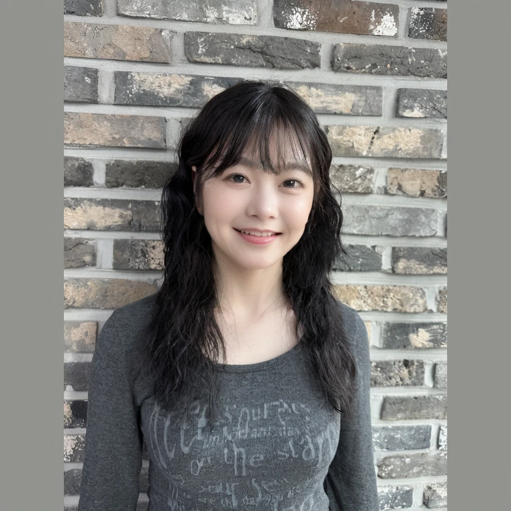 A korean female with messy hairstyle. They are dressed in a sleeveless white blouse and have a blue lanyard around their neck. The expression is cheerful, with a smile. The background is clean and minimalistic with a white wall. UHD. 8k. realistic photo. masterpiece. Super detailed,Very detailed,sharp focus,Surreal:1.4,professional,HD images