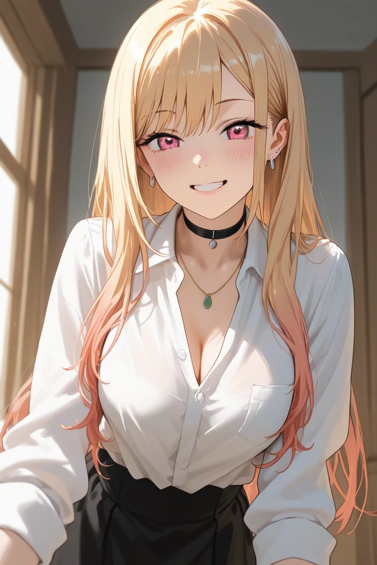 (((masterpiece))), MarinKitagawa, 1girl, solo, long hair, looking at viewer, blush, smile, blonde hair, shirt, red eyes, cleavage, jewelry, medium breasts, closed mouth, collarbone, upper body, earrings, choker, collared shirt, necklace, leaning forward, black choker, piercing, ear piercing, hands on hips, gyaru,