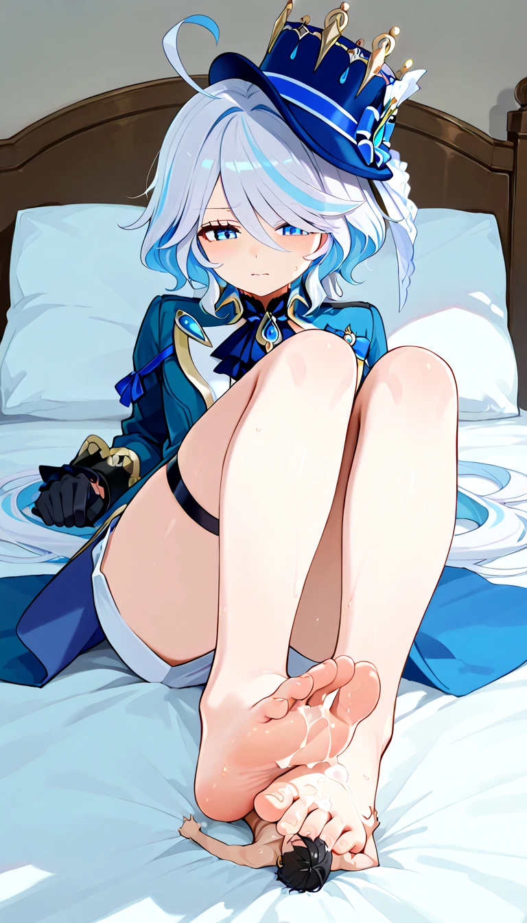 ((production art,highly detailed face,Best Quality, masterpiece,Solo,1girl,)) White and navy micro dress,white short hair, long side bang,Empty eyes,Dark blue eyes,echo(pandora hearts), BREAK ((1man and 1woman,having sex)),man on top,lying in bed,bird’s eye view,((ass ,Lying,Blue shorts,from behind,)looking back,)Woman, blush,Smile,nsfw,
