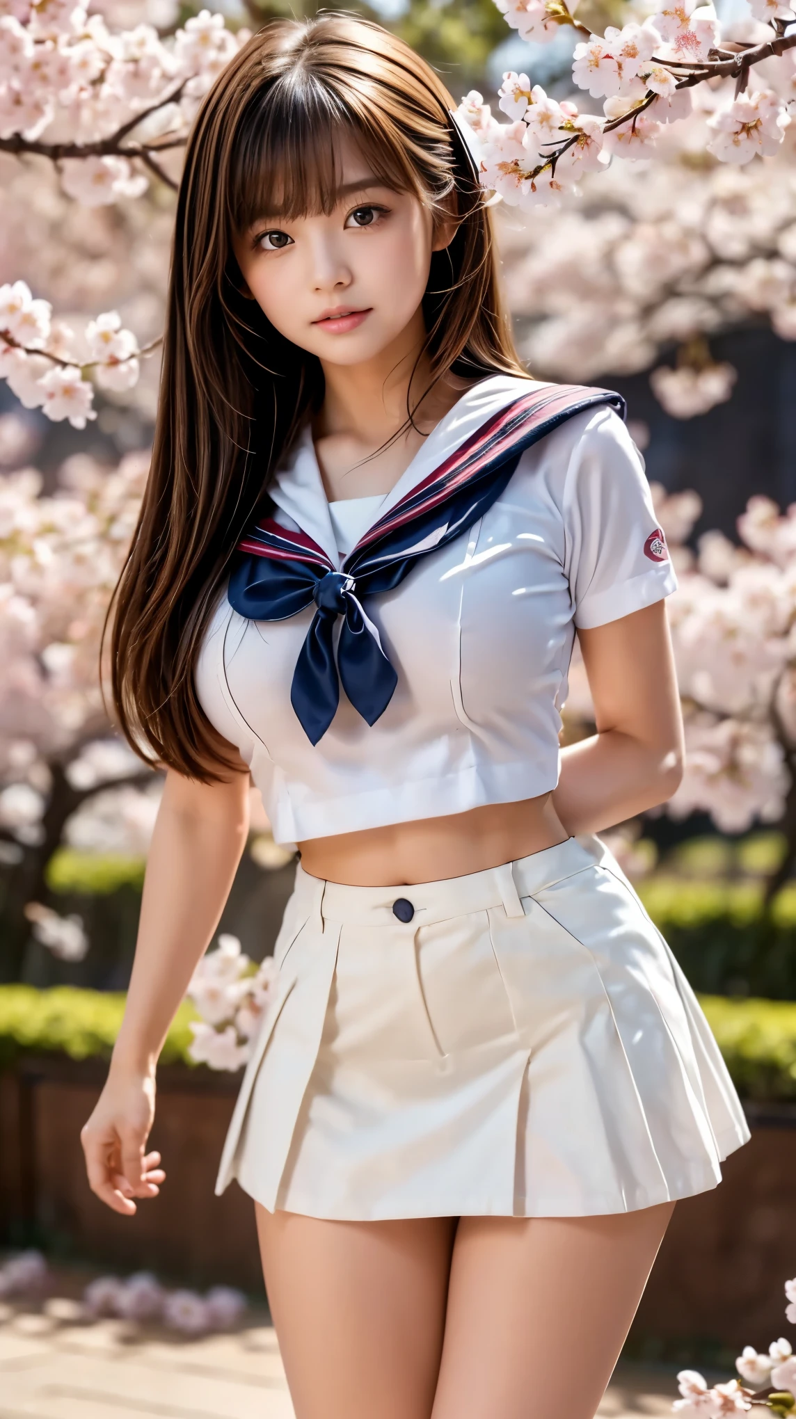 (high school girl sailor uniform:1.4),shirt,red tie,Cardigan,navy blue blazer,(Best Quality),((very detailed)),4K,(8k),masterpiece,very detailed,Best Quality, super resolution, sexy, 1 girl,1 person,152cm,(Background-Cherry Blossom Trees:1.4),very pretty face,cute type,baby face, slightly round face,glossy lips,sexy beautiful pink flower pattern,big, beautiful eyes,brown eyes,Obvious double, soft hair for cell phones,1 young and beautiful Japanese woman,Beautiful asymmetrical bangs ,small smile,(white super super short miniskirt:1.4),(The miniskirt is too short and the pants are slightly visible:1.4),(high socks),(school-designated bag),(school-designated shoes),Soft light, RAW quality,Soft leather,(GROWING SKIN,sweated: 1.4),Beautiful Legs,plump thighs, balanced figure ,Big Breasts,(teeth、expresses the roundness and softness of the chest.....1),sexy,beautiful body line,(女Sexualな体型), perfect figure),Sexual,spread legs,(provocative dynamic poses in the stadium),skirt flip,viewers need attention,(beautiful pussy line in PU Japanese garden:1.3)