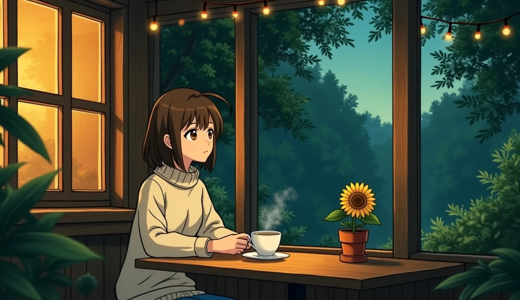 A girl in short sleeves drinking cold juice at a coffee shop、cute、Perfect anime、summer、evening、Nostalgia、Back view、oil painting