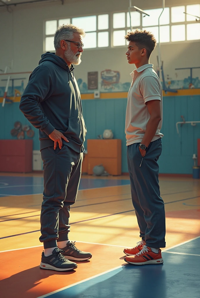 Incredible tall and strong old man with black tight shirt and sport shorts with a short young white adult male, background is changing room