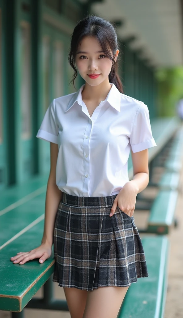 (masterpiece, best quality:1.2), (8k, uhd, ultra high res), professional lighting, (super intricate all details), (super realistic all textures), realistic photo, ultra sharp photo result, superrealism, Lakeside park with sunlight shining through the trees, (school uniform, shirt, skirt), japanese female, 17 years old, , skinny body, flat chest, extremely beautiful face, super detailed face, super real skin, super detailed eyes