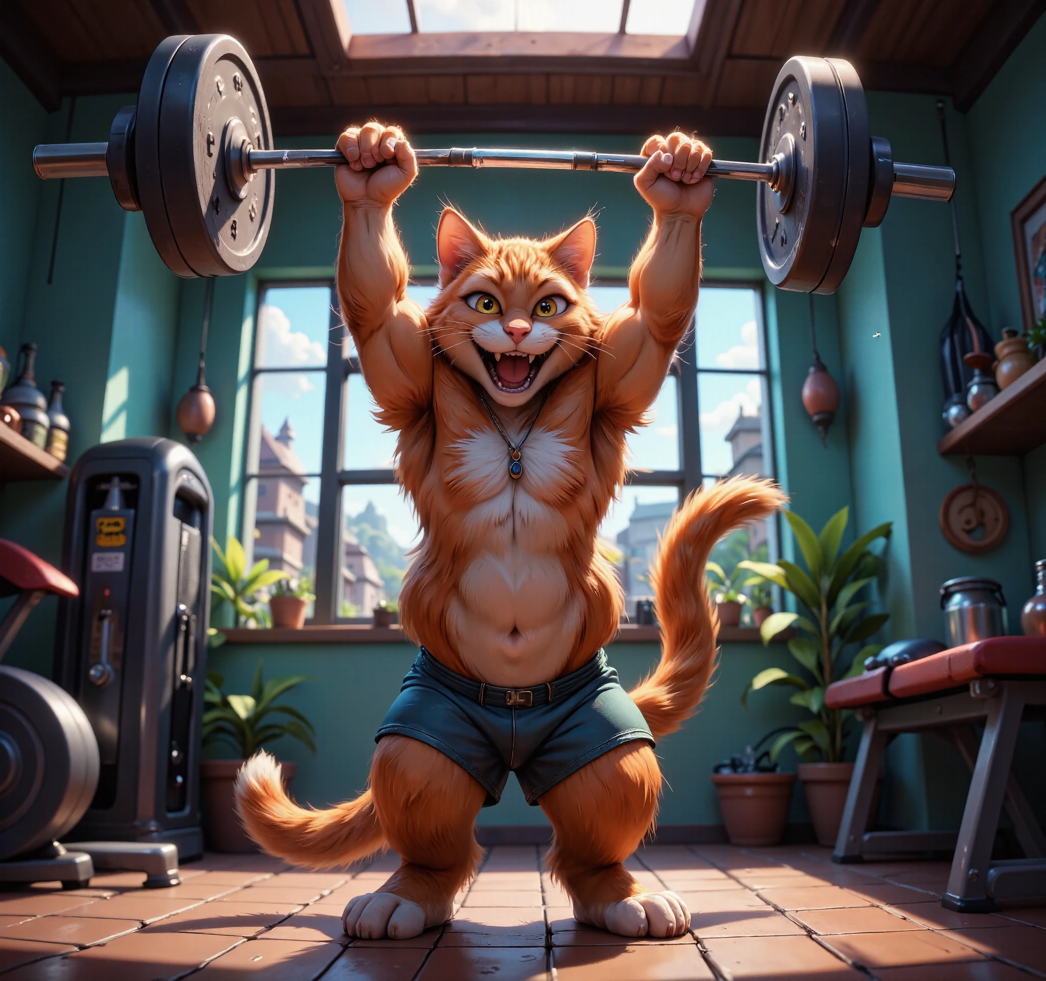 A red cat at the gym, in light green knee-length shorts, stands on its hind legs and raises the barbell with its front legs. The cat laughs.