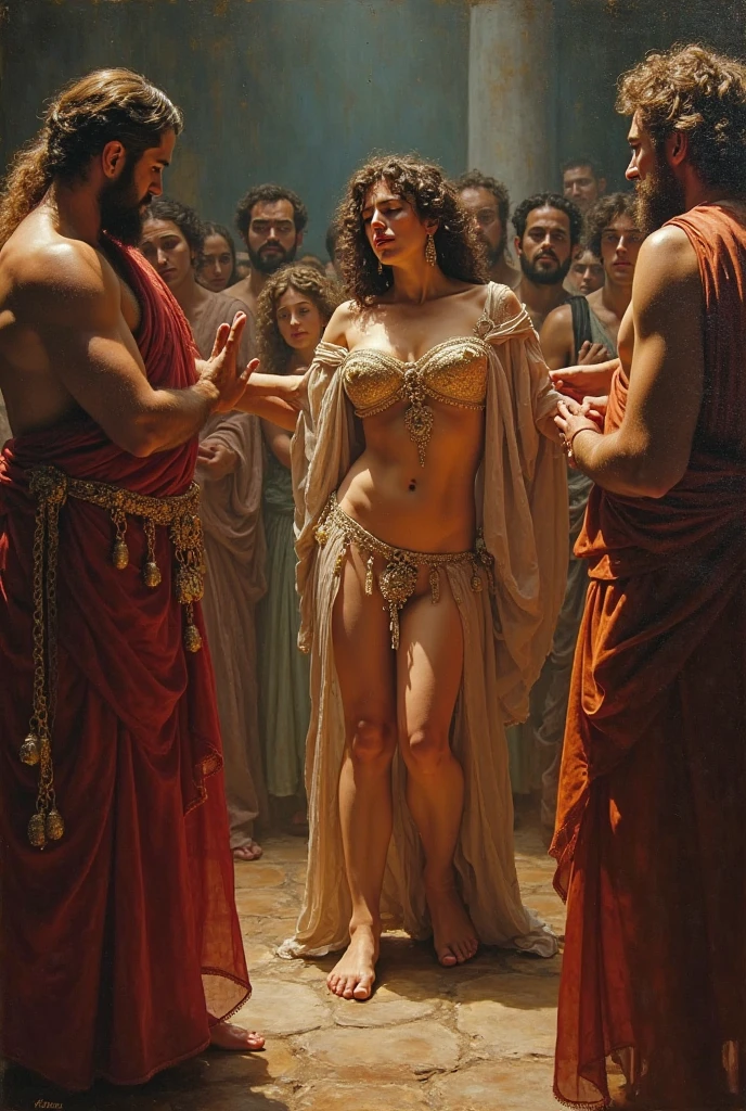 (masterpiece:1.2), (best quality:1.2), perfect eyes, perfect face, perfect lighting, 1girl, mature female dancing in a medieval tavern, (thick hair | styled hair), arms up, smiling, sweat, dancer, silk, harem outfit, mouth veil, jewelry, chains, see-through, thick eyelashes, makeup, eyeshadow, fantasy, detailed background , transparent netted outfit , looking back, backside, POV from back