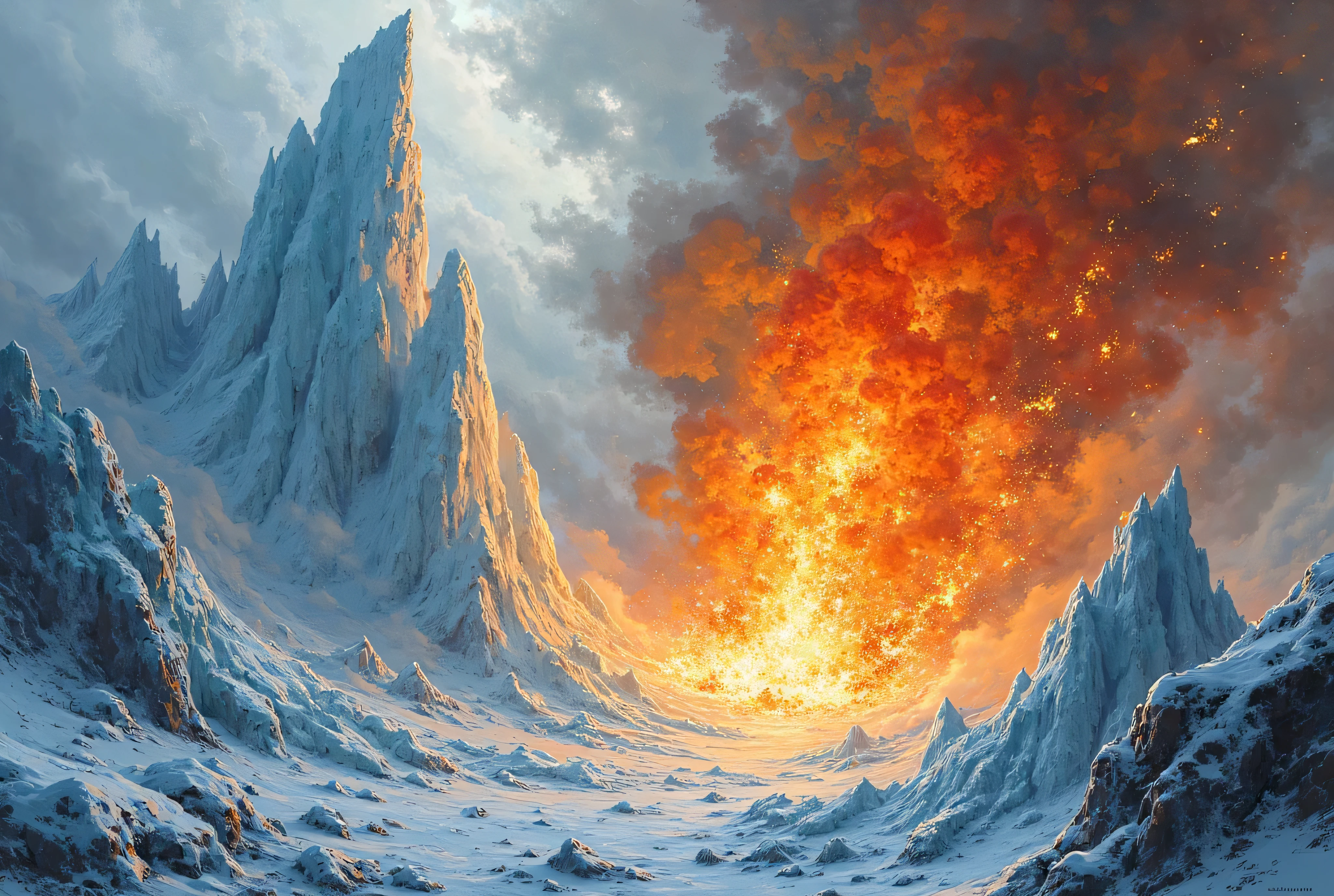 A painting of a mountain with a fire in the middle - SeaArt AI