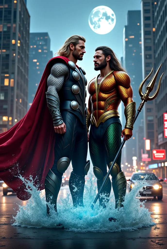 (16k, RAW photo, best quality, masterpiece: 1.2), ultra-detailed, formal art, photorealism: 1.37, upper body photo, Man actor Will smthi o""40 years DC Aquaman, film grain, action pose
