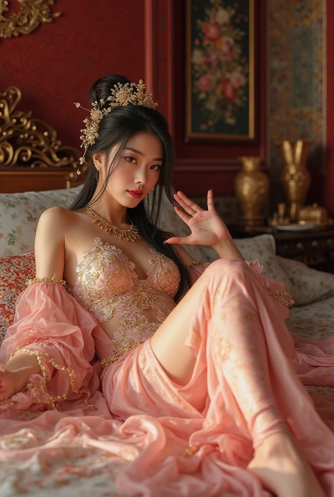 create a hyper realistic image of a beautiful young girl adorned in a glossy shiny vibrant pink robe with fluffy embellishments, sits elegantly on a classic-style chair inside a large, ornate crystal glass; the surrounding golden intricate designs enhance the glass's opulence. reading a book, background plush interior. Nearby, there is a small table , glossy red Rose's, coffee cup with steam, ultra HD 64k studio lightning light reflection