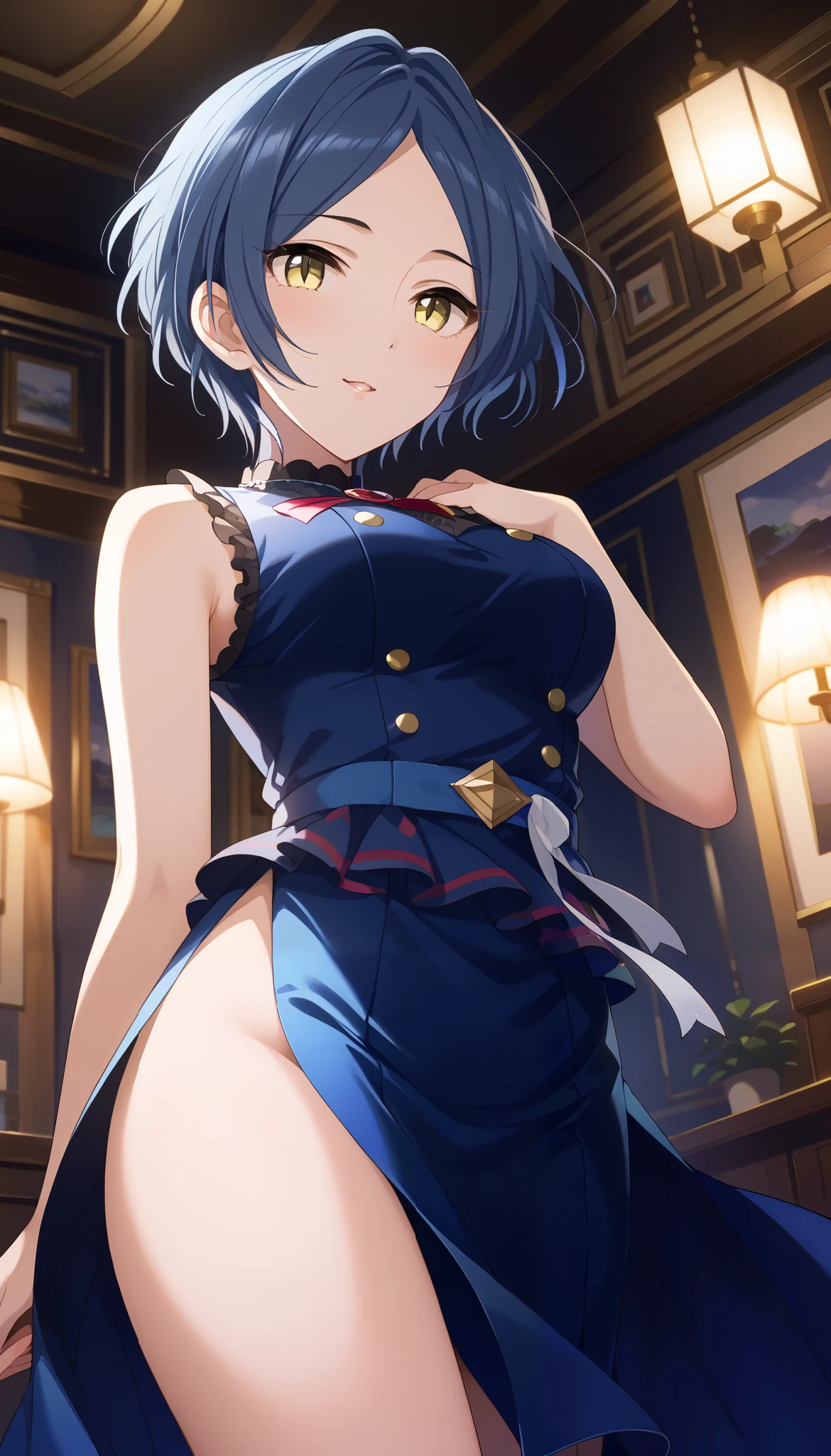 Hayami kanade/Hayami kanade、navy blue sleeveless dress、neck slit、low angle、room、Ulchan-6500-v1.1, ( RAW photos :1.2), beautiful detailed, very detailed目 美しい目, beautiful eyes、yellow eyes、 file size is large, high resolution, very detailed, best quality, [masterpiece:1.6], Awareness-raising, very detailed, CG, finely, best quality, 8K wallpaper, perfect figure、Dynamic、very detailed、blue hair、short hair、cover、Thin thighs、Bare legs
