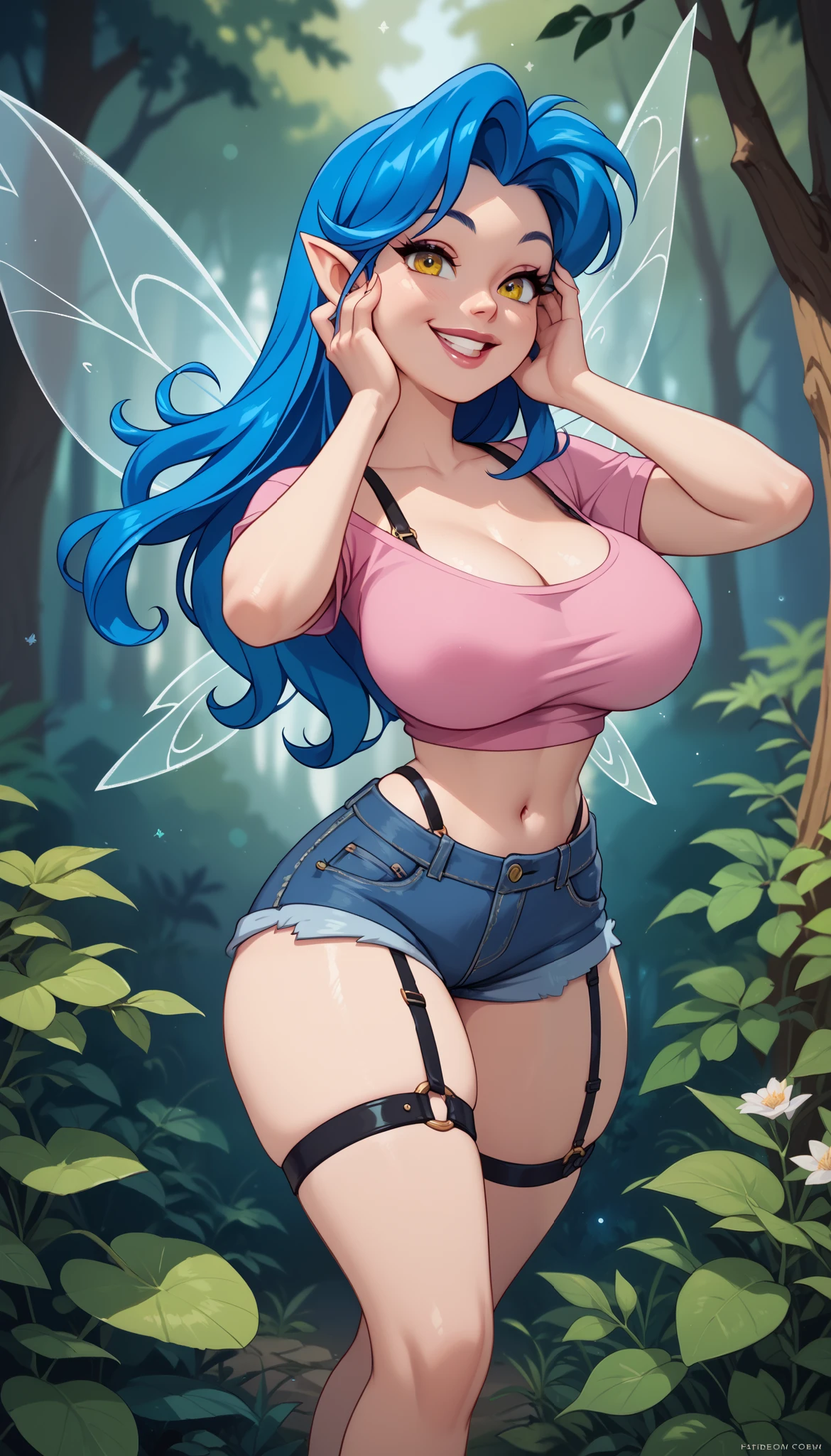 1girl ,   age fairy with transparent wings ,to smile,    looking at the spectator  ,  hands on face,   semi-closed yellow eyes  ,  long blue hair,  pink shirt with thin straps  + denim shorts ,diaphragm,     Wide Hips ,(   Big breasts   :1.3), flying in an enchanted forest 
