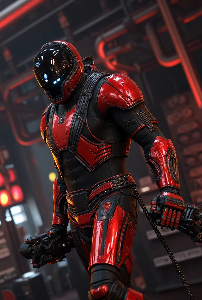 A cyborg warrior inspired by Sektor from the Mortal Kombat Trilogy, rendered in ultra-realistic CGI. His body is encased in glossy red metallic armor with matte black detailing, covering his torso, limbs, and head. His helmet features an opaque black visor and a series of lines and grooves, giving it an advanced technological appearance. The Lin Kuei clan emblem can be seen on his chest. His mechanical hands hold twin wrist-mounted missile launchers with blue indicator lights. He stands in an aggressive fighting stance, with one leg forward and one arm outstretched, aiming one of the launchers. The background depicts a dark industrial environment, complete with pipes and heavy machinery, illuminated by red lights and deep shadows. The lighting highlights the metallic reflections of his armor and the detailed textures of his cybernetic design.