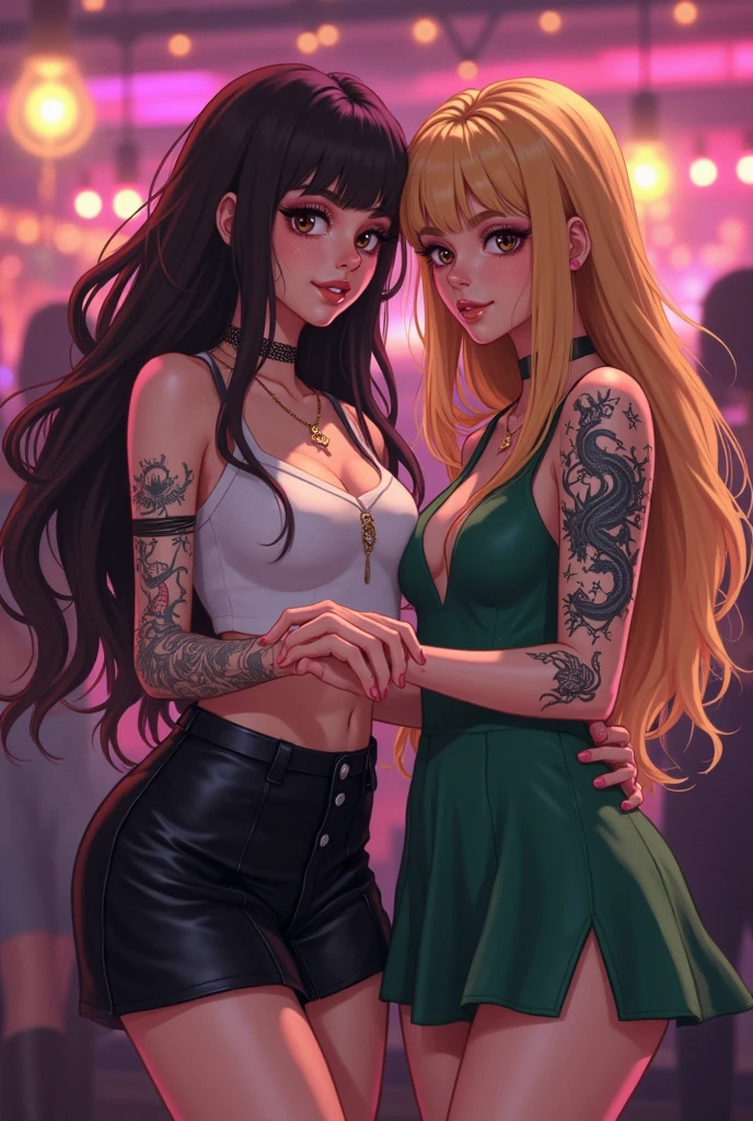 Characters Na Ritchie Black Hair Style Morticia Addams Cartoon Female Image .cartoon style illustration, Cartoon art style, Cartoon art style, Digital illustration style, Highly detailed character designs, Digital Art Details, City Fan Art, Portrait design, Beautiful digital illustration, High quality portrait, Comic Art, young man expressing sexual desire. Beautiful round breasts，a happy expression ，Extra large breasts，One is a hot blonde，