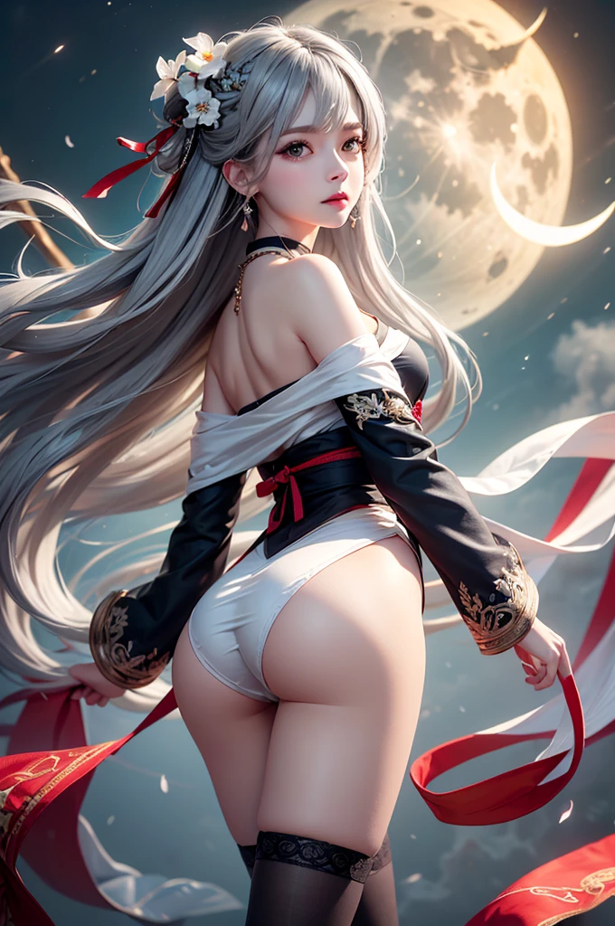 super high quality, masterpiece, Perfect illustration, Very detailed (Exquisite light and shadow, Very dramatic photo,Backlight) , ((Gray Hair:1.5))1 girl, alone, (Wearing Han clothes, Royalty、Black and white Hanfu,Thick fabric,Long sleeve) Flower Field, Flowers, (White smoke、Crescent Moon:1.3) (Realistic), Zen Intertwining, Tangled, Official Art, unity 8k wallpaper, Very detailed, Beautiful and beautiful, masterpiece, highest quality, (Dynamic Angle: 1.4), Glowing Skin, (Floating colorful flashes: 1) The most beautiful chaotic shapes, elegant, Brutalist Design, Bright colors, Romantic Depth of Field Exotic_dance, half_naked、((Off the shoulder、Medium chest、ruby necklace))(from behind:1.4,Butt Exposure、Legs wrapped in tights)