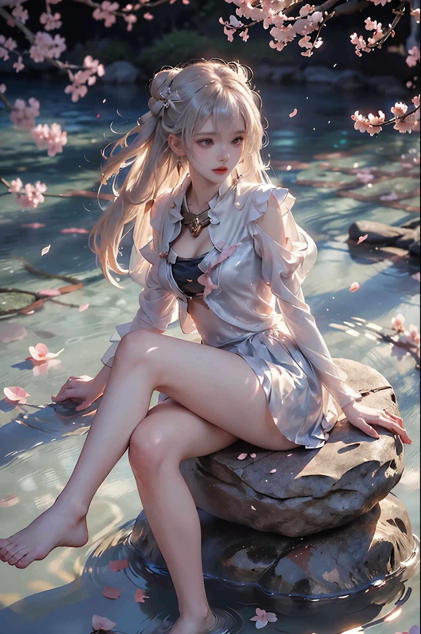 WLOP detailed beautiful face and eyes, rouge at the outer corner of the eye, lipstick, 1 girl ,white robe,(((fullbody,looking at viewer))),(zettai_ryoiki),blonde wavy long hair precious hair ornament,glowing flowers creeping up neck, ear piercing with chain, e-cup chests,slender body,collarbone, close shot, oil painting,