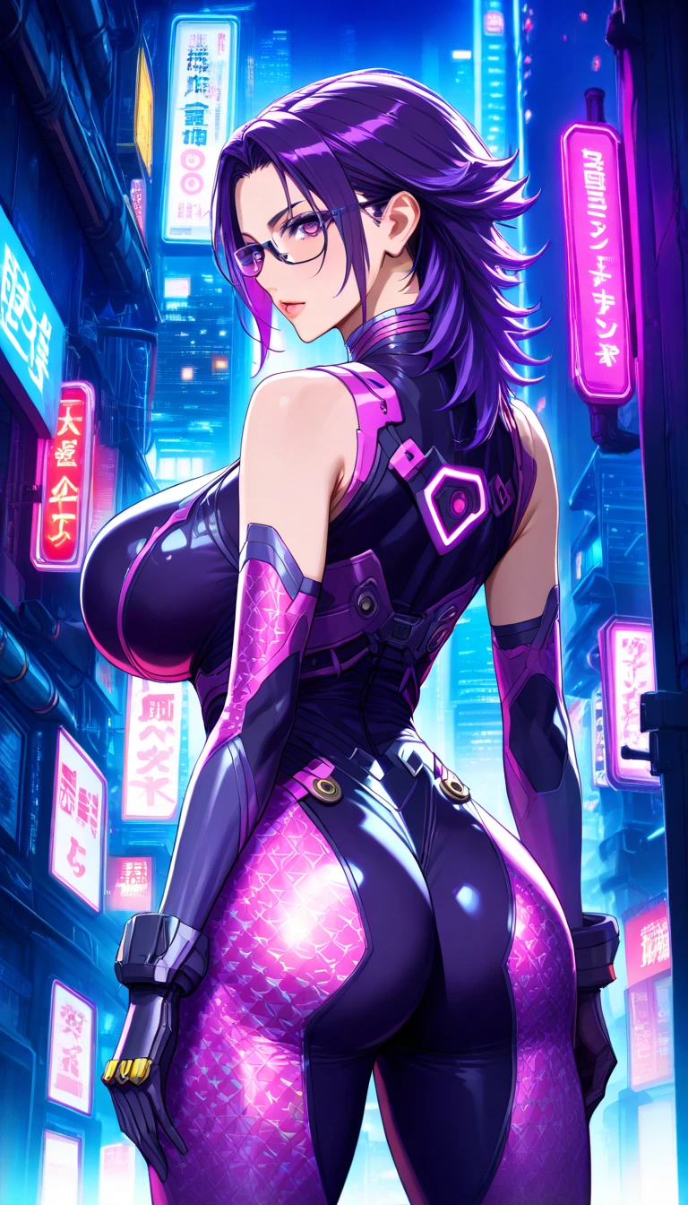 kusanagi motoko, Purple colored hair, red eyes,Anime style woman wearing black tights， anime《Fantasma na Concha》Curly, kusanagi, Misato Katsuragi, Inspired by Morikage Hisumi, anime, Fantasma na Concha, Ghost in the Shell style,seductive anime girls, Anime cute art style, smooth anime cg art, thicc, Anime girl wearing black dress, photorealistic anime girl rendering, ECCHI anime style, realistic anime 3D style, attractive anime girls, noire moody scene, [ 4K digital art ]!!