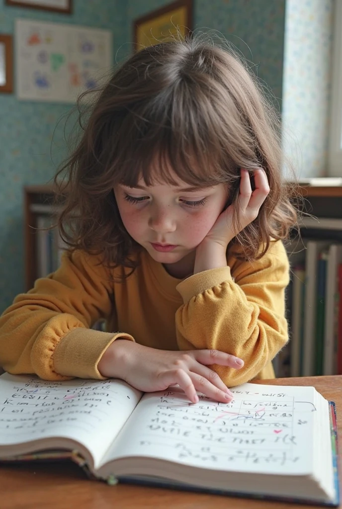 a young girl learning about global warming, detailed portrait, beautiful eyes, detailed lips, long eyelashes, curly brown hair, studying books and documents related to climate change, sitting in a classroom with world map, blackboard, and other educational materials, (best quality,4k,8k,highres,masterpiece:1.2),ultra-detailed,(realistic,photorealistic,photo-realistic:1.37),vibrant colors,soft lighting,education,alfabetización,calentamiento global,warming,climate change,classroom,books,documents