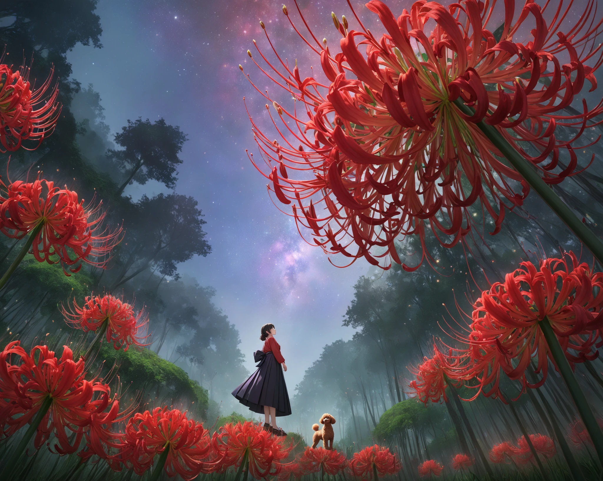 一面の真っ赤なRed spider lily、spider lily、woman in hakama and toy poodle、Alone、Green Forest、Foggy、 purple starry sky、haze、Sparkle、Front、from below、Ultra Wide Angle、best quality、masterpiece:1.2、8k、isometric drawing、ARW's 、Red spider lily