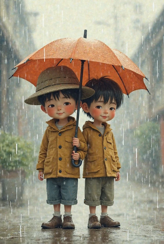 Cute picture book style illustration wind rain laughing cute boy little boy with umbrella in town Watercolor --auto