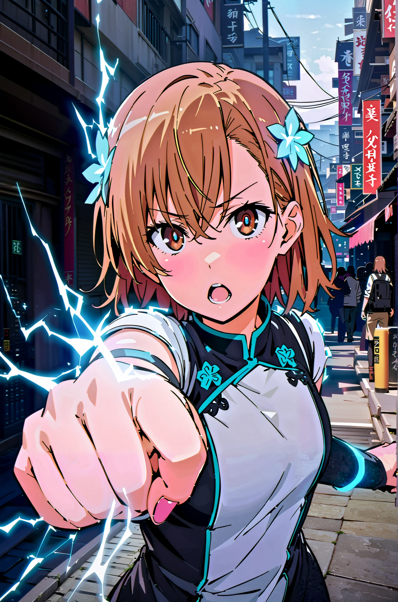 score_9, score_8_up, score_7_up, source_anime,
Mikoto and Misaka, Misaka Mikoto , short hair, black cock, hair ornament, hair flower, brown eyes,serious,open your mouth,electricity ,Superpowers(electricity ity),Electric current is emitted from the body ,cosplay, ,That's right., open your mouth, White Chinese clothing,Long slit,black pantyhose,boots,is standing, combat posture,full bodyがillustrationに入るように,break outdoors, Chinatown,
break looking at viewer,full body,
break (masterpiece:1.2), best quality, high resolution, Unity 8k Wallpaper, (illustration:0.8), (beautiful detailed eyes:1.6), very detailed face, so that it fits into the illustration, extremely detailed CG, (perfect hand, perfect anatomy),