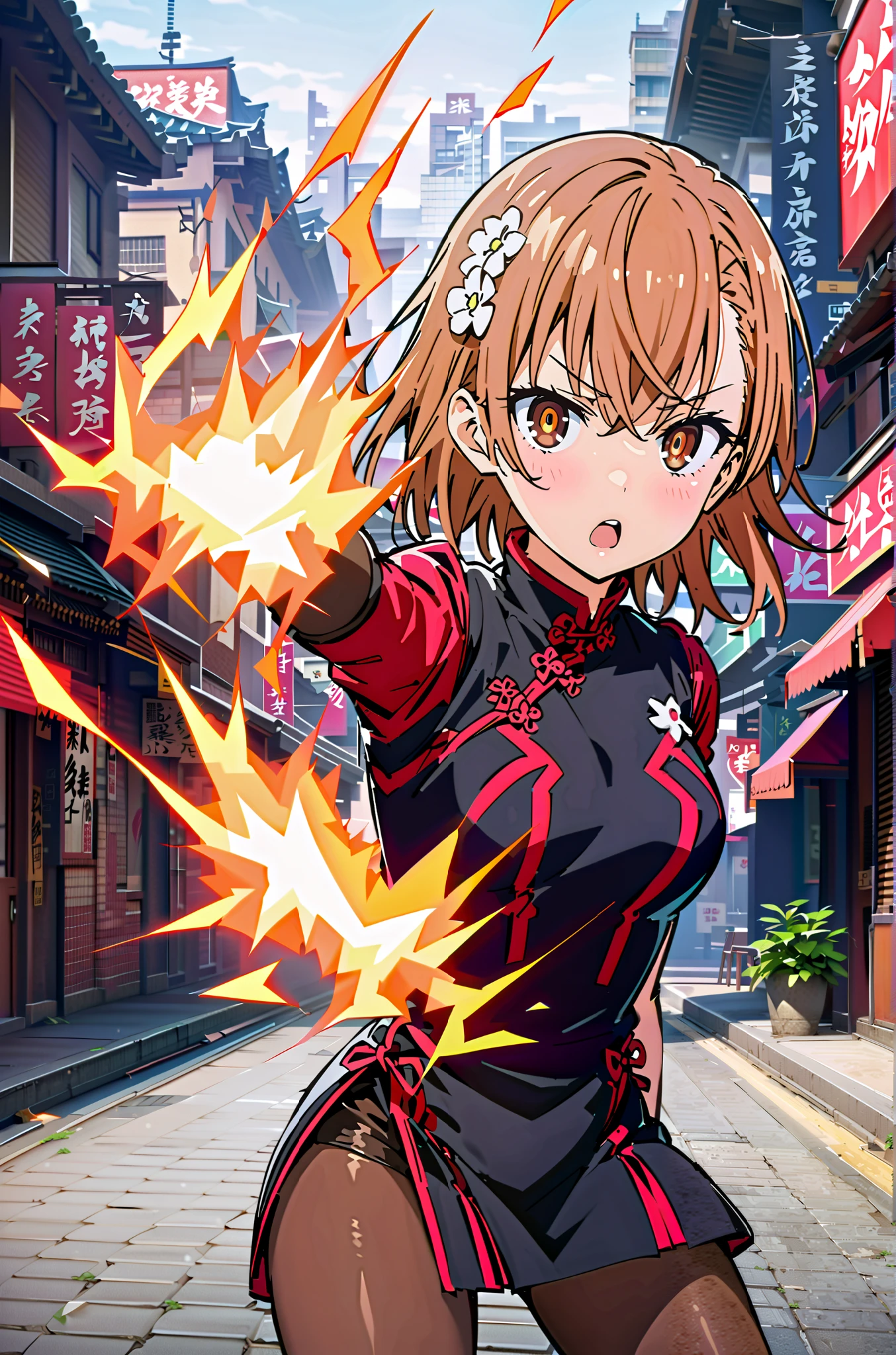 score_9, score_8_up, score_7_up, source_anime,
Mikoto and Misaka, Misaka Mikoto , short hair, black cock, hair ornament, hair flower, brown eyes,serious,open your mouth,electricity ,Superpowers(electricity ity),Electric current is emitted from the body ,cosplay, ,That's right., open your mouth, White Chinese clothing,Long slit,black pantyhose,boots,is standing, combat posture,full bodyがillustrationに入るように,break outdoors, Chinatown,
break looking at viewer,full body,
break (masterpiece:1.2), best quality, high resolution, Unity 8k Wallpaper, (illustration:0.8), (beautiful detailed eyes:1.6), very detailed face, so that it fits into the illustration, extremely detailed CG, (perfect hand, perfect anatomy),