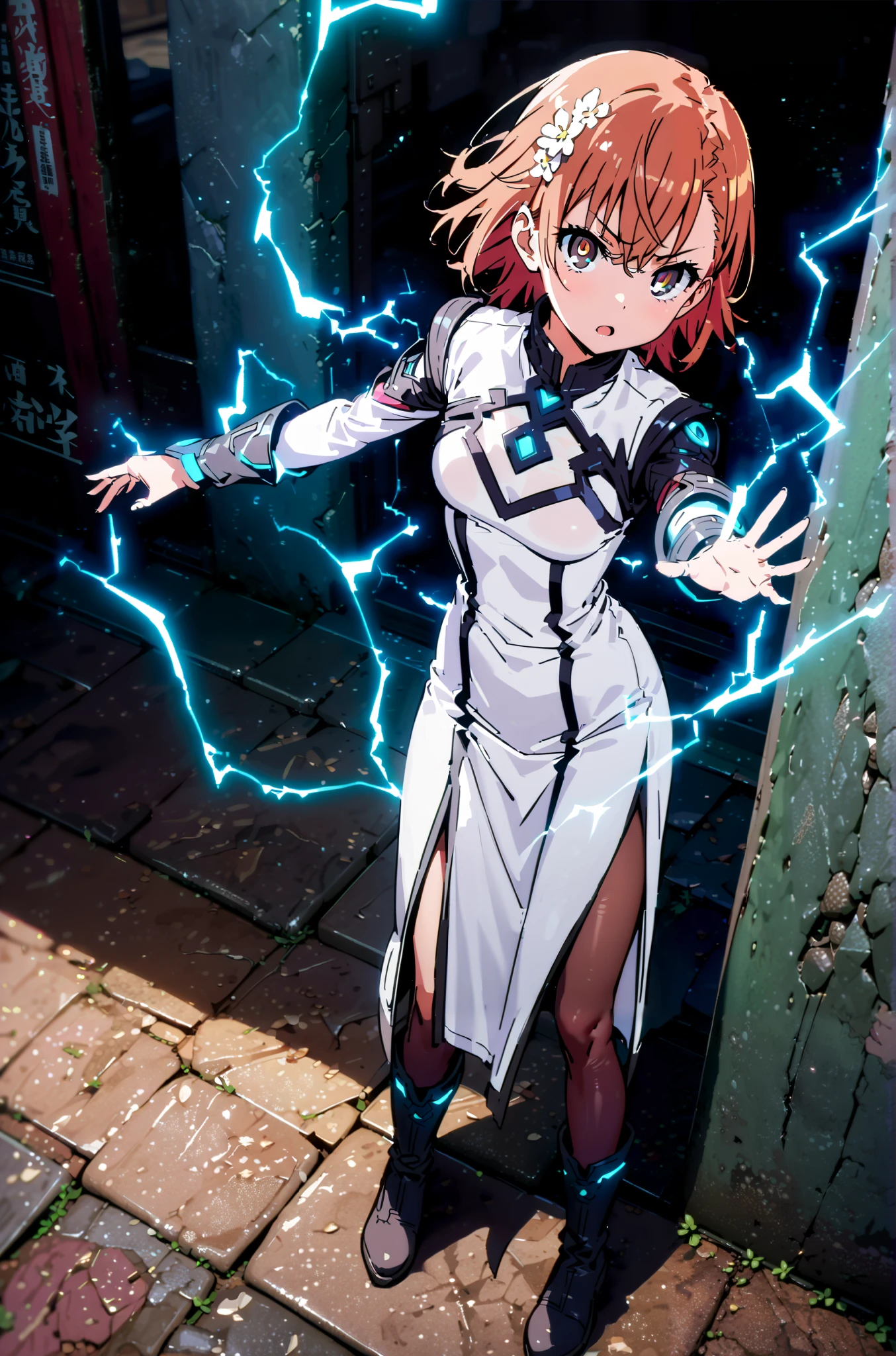 Mikoto and Misaka, Misaka Mikoto , short hair, black cock, hair ornament, hair flower, brown eyes,serious,open your mouth,electricity ,Superpowers(electricity ity),Electric current is emitted from the body ,cosplay, ,That's right., open your mouth, White Chinese clothing,Long slit,black pantyhose,boots,is standing, combat posture,full bodyがillustrationに入るように,break outdoors, Chinatown,
break looking at viewer,full body,
break (masterpiece:1.2), best quality, high resolution, Unity 8k Wallpaper, (illustration:0.8), (beautiful detailed eyes:1.6), very detailed face, so that it fits into the illustration, extremely detailed CG, (perfect hand, perfect anatomy),