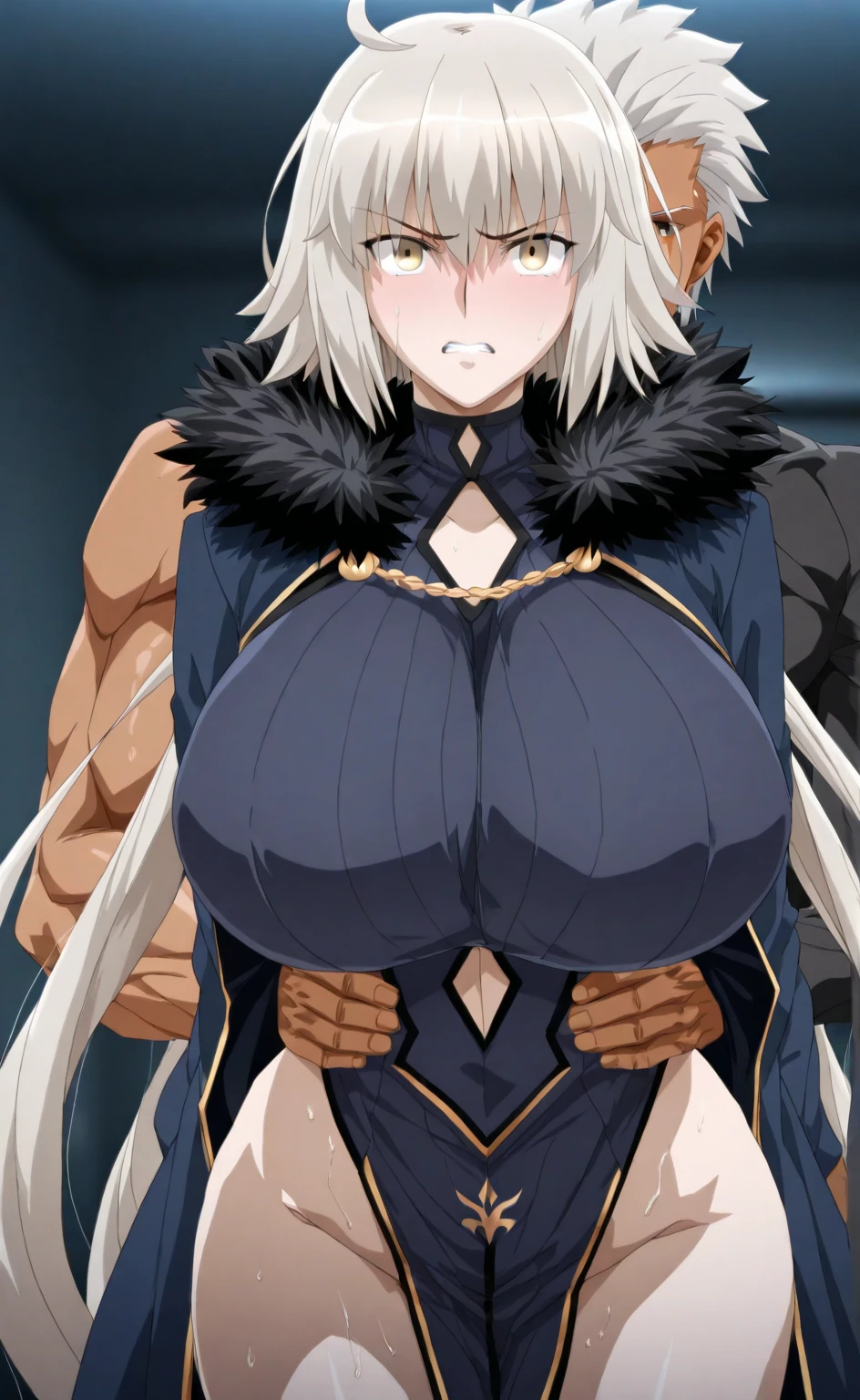 anime, anime screencap, 1girl, 1child, loli, 10 years old, cowboy shot, chloe, dark_skin, long_hair, pink_hair, yellow_eyes, hair_between_eyes, bangs, ((((gigantic breasts)))), harf_updo, one_side_up, illyabeast cosplay, smile, bedroom,