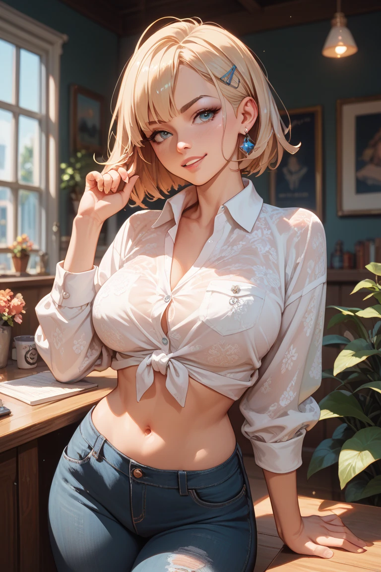 (Retrato corporal de mujer en bragas de mezclilla posando)、Una sonrisa、camisa apretada, Diosa rubia con corte bob corto, usando camisa ajustada, cuerpo perfecto sombreado realista, (vistiendo un top corto sexy), camisa abierta, chica sexy, traje ajustado, tetona, traje ajustado, cuerpo perfecto fotorrealista, Low intimate lighting、retrato corporal