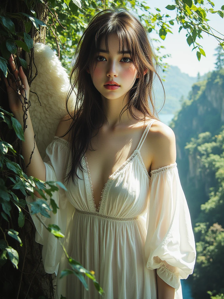 fashion photoshoot: 1 woman,soft light,rim light,beautiful,realistic,RAW photos,natural skin texture,realistic 눈과 얼굴 디테일,surrealism,ultra high resolution,4K,best quality,masterpiece,Fashion Magazines,vogue magazine,g-cup,Quirky Fashion,magazine cover,cowboy_launch,touch one's chest,크기가 big_i know it well,femur_gap,floating_hair,hair_blowing,shining_skin,big_femur,Thick_femur,Wearing only an open blazer,underwear