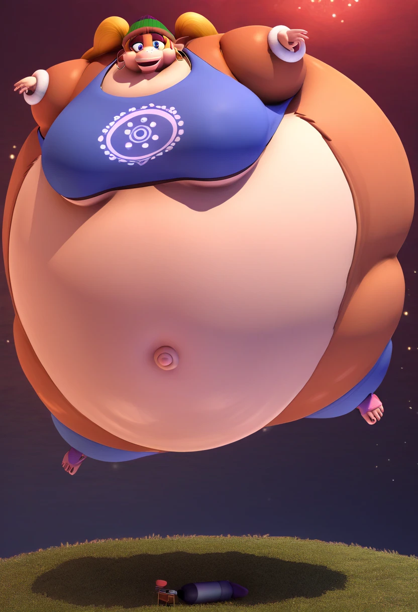 score_9, score_8_up, score_7_up, score_6_up, score_5_up, score_4_up,spherical inflation((pony)), (spherical inflation, inward arms, inward legs,monkey fur skin, (sphere inflation),3d cgi ,pixar cgi film,his body leaning forward,floating , completely spherical body inflation),((( giant balloon body, giant rounded circle ball perfect spherical, Mirco head, micro arms, micro legs, her body takes up the whole space,300 feets tall,body is 100 times larger than limbs, inflated body, round body, giant size difference,The head is 100 times smaller than the body, solo,boots, floating , 200 feets tall , micro head, micro arms , micro legs,(free arms), Wide hips , gigantic torso except head , t_kong , furry , beanie , blonde hair , twintails , blue eyes , hoop earrings , crop top , wristband , midriff , pink sandals , blue sweatpants , looking at viewer , full body,full body, looking at viewer, standing, standing,((moneky inflating)), cute smile,animal focus,no humans,background grass day