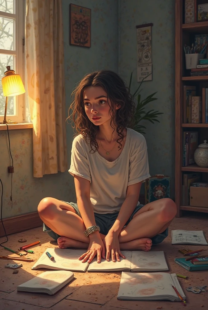 picture of a cute alternative girl, grey eyes, serene expression, (curvy:1.2), messy hair, long Band shirt, blue panties, (sitting on floor in sexy pose) lighting, photography, Best quality, masterpiece, ultra high res, (photo realistic:1.4), raw photo, 1girl, deep shadow, dark theme, ((punk messy bedroom background)), Clutter-Home