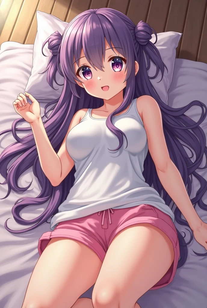 Wore pink shorts and a white tank top、Purple Hair Anime Girl, , thick, beautiful anime girl lying in a kotatsu, A Bewitching Anime Girl, cutesexyrobutts, [  4 k digital art  ]!!,  , sex, Bend, biomechanical , ??????????? change, SFW version, change,  smooth animation CG art