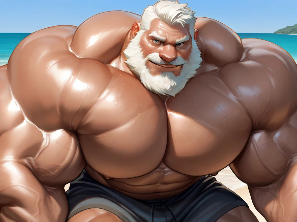 1boy, 1man, solo, gigantic, hyper detailed, (topless, shirtless, cargo shorts), well-muscled old man, bearded, thick mustache. ((extremely huge muscular, massive muscular, extremely muscle size, super thick arms, huge pec, hyper pec, extremely wide pectoral , huge arms)), wide smiling. Add textures and details to make the image more realistic, such as the appearance of the. Make sure the resulting image is high resolution, 8K quality