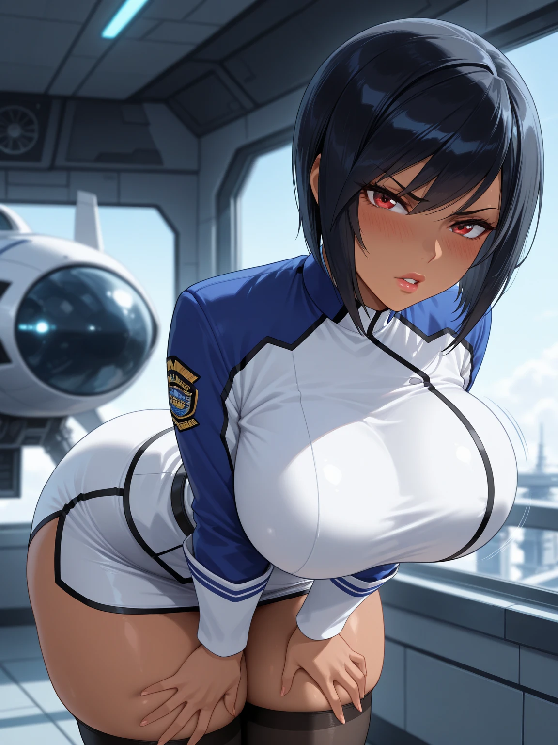 (Perfect boだy),highest quality,(8K Portrait),(Official Art)、nsfw、(((Muscular)))、((((Embarrassing))))、One Girl、(Thick thighs)、(((blush))),(Sweat),(big breasts、Swollen nipples、Big Ass)、(Black Hair),((Bobcut)),short hair,Blunt bangs、 (Yellow Eyes),(((navy blue sci-fi suit、Carrying a large assault rifle)))、Cyborg Girl、cyber-、Police hat、Black knee socks、((White boots))、(on the road)、Acrobatic pose