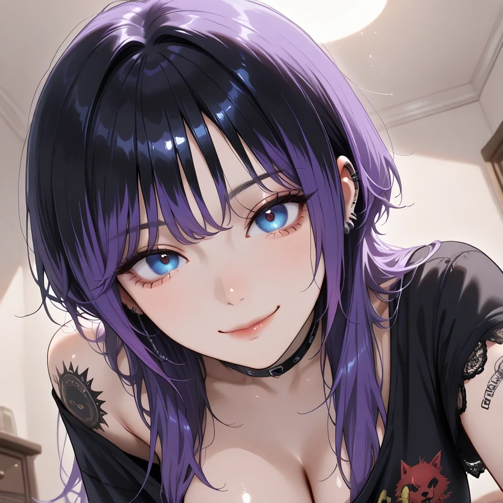Masterpiece, Realistic Manhwa Art, A Korean girl, One Girl, Looking like an idol , Blushing Hard, Pouting cutely, Looking like she's trying to get someone attention, Eighteen plus years old girl, gyaru type, hot and attractive, big oppai, tall and curvy, hair dye purple