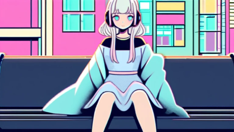 Anime girl sitting on a couch in a room with a bookcase Girl listening to music in a cozy room at night, Usando fones de ouvido, Anime estilo 2D, Lo-fi, disco Rigido, Ambiente escuro