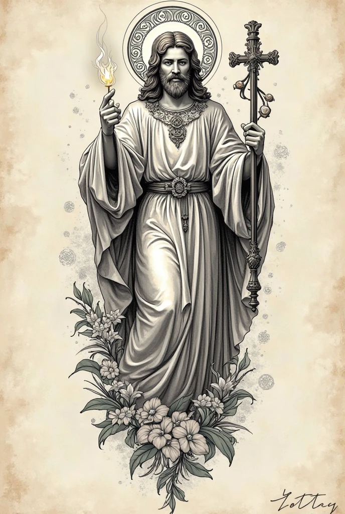 God Dionysus with a drunken look and youthful appearance next to objects that make references to him such as: Goblet of wine, bunches of grapes, fruits and etc.. to do as art(just the black and white lines) for tattoo.