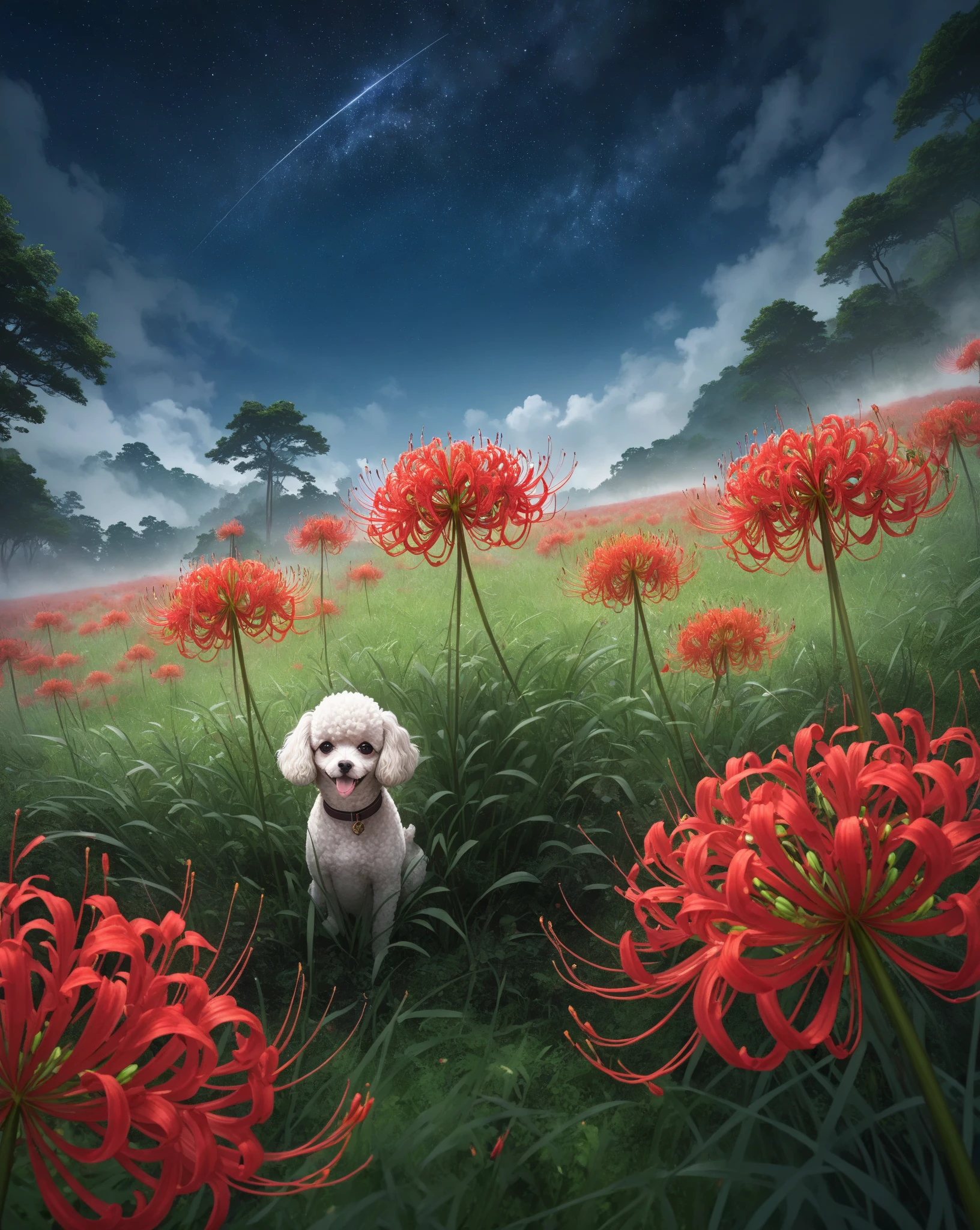 一面の真っ赤なRed spider lily、spider lily、woman in hakama and toy poodle、Alone、Green Forest、Foggy、 purple starry sky、haze、Sparkle、Front、from below、Ultra Wide Angle、best quality、masterpiece:1.2、8k、isometric drawing、ARW's 、Red spider lily