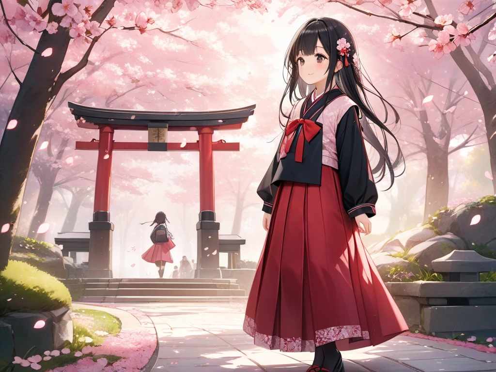 A cute and talented elementary school girl wearing a traditional pink and red hakama stands gracefully under cherry blossoms in full bloom. Petals are gently falling around her as her long black hair and the hem of her hakama flutter in the breeze. The scene is filled with soft pink lighting and intricate Japanese-style details, such as a shrine path and traditional patterns on the outfit. The atmosphere is dreamy, warm, and elegant, capturing the beauty of spring and youth. Full-body vertical composition.