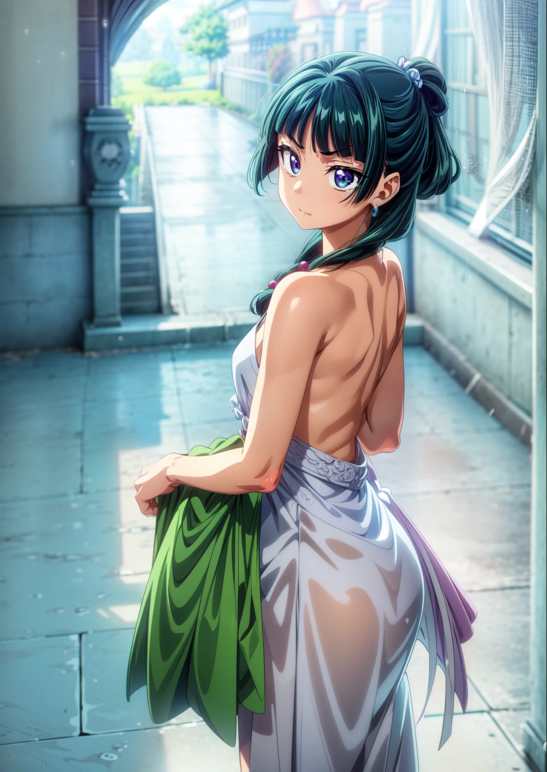 (Masterpiece, Ultra-high resolution, High Quality, Top quality, High-Detailed, Detailed CG, Cinematic Shadow, Cinematic Scene, Beautiful Detailed Eyes, Ultra Resolution, Depth of Field, High Resolution, Masterpiece: 1.2, Commission For High Res), Point Of View, Detailed Hair, (Green Hair:1.0), Detailed Eyes, Blue Eyes, Purple Eye, (Gradient Color eye: From Blue To Green And Purple Color), Cute Girl, Five Finger, Sparkling Eyes, Hair Accessory, Earrings, Hair ornament, Small breasts, Small Chest, Slim Body, Curvy, Slender, Cleavage, Thighs, Five Finger, (Expression: Angry), Anime Girl wearing malfunction wardrobe, Revealing reart, Rain Background, (Maomao[Kusuriya No Hitorigoto] Fanart).