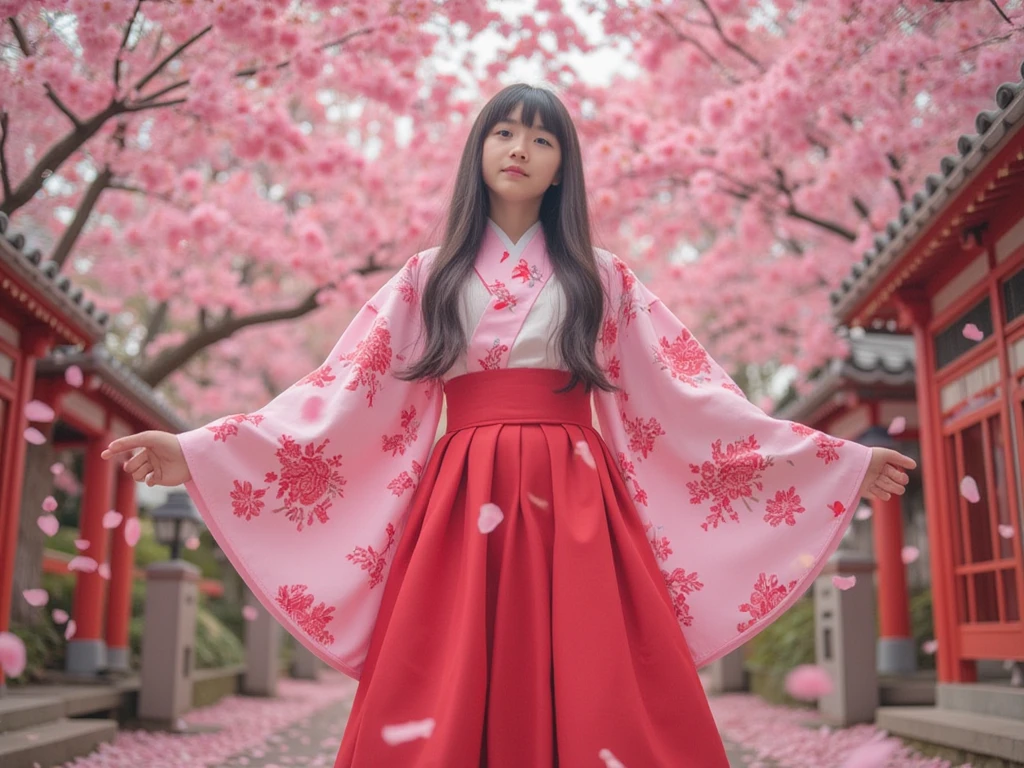 A cute and talented elementary school girl wearing a traditional pink and red hakama stands gracefully under cherry blossoms in full bloom. Petals are gently falling around her as her long black hair and the hem of her hakama flutter in the breeze. The scene is filled with soft pink lighting and intricate Japanese-style details, such as a shrine path and traditional patterns on the outfit. The atmosphere is dreamy, warm, and elegant, capturing the beauty of spring and youth. Full-body vertical composition.